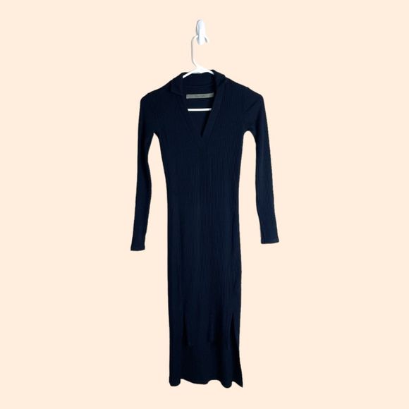 Enza Costa Black Rib Collared Midi Dress - Picture 1 of 7
